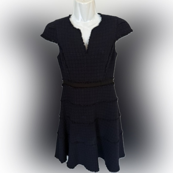 Rebecca Taylor Texture Navy Black Tweed Fringe Hem Designer Fall Dress 0 XS $475 - Picture 5 of 11